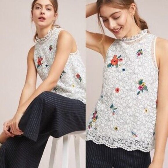 NEW Anthropologie Maeve Macie Floral Lace Ruffle Neck Sequin Embroidery Top - 10 - Picture 13 of 13